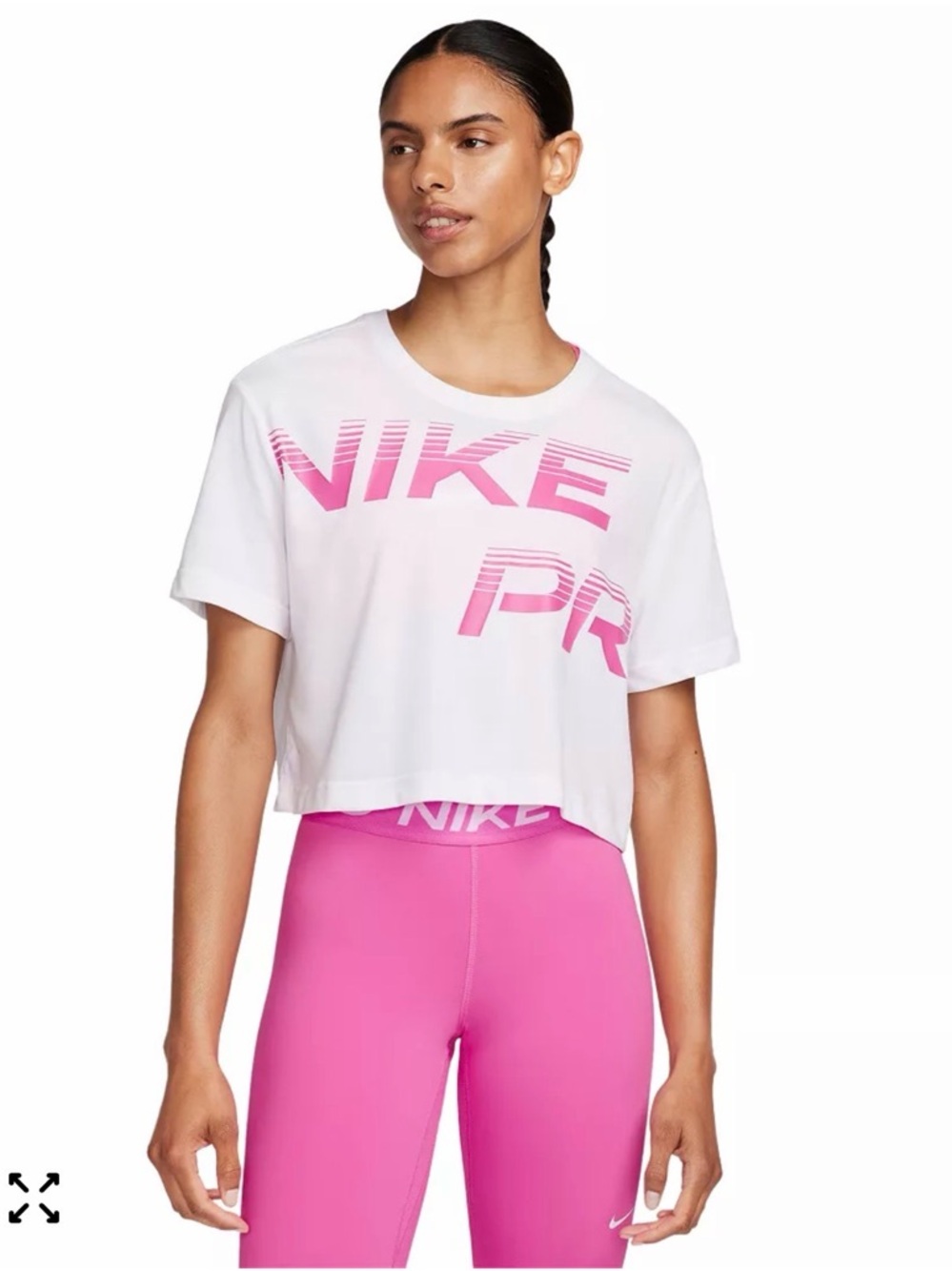 Nike White Cropped Tee with Pink 'NIKE PRO' Graphic